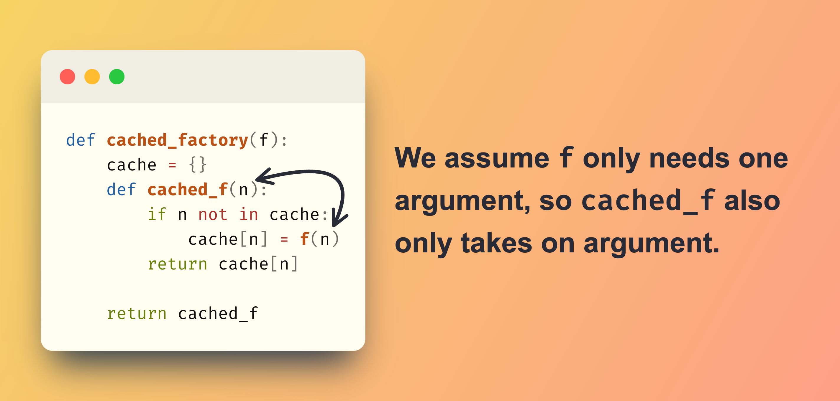 Diagram showing how the number of arguments that the decorated function accepts is tied to the number of arguments the inner function accepts, and how we assume that's a single argument.